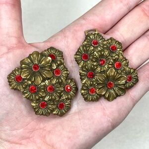 Art Nouveau Antique Czech Red Glass Rhinestone Floral Two Piece Belt Buckle Rare